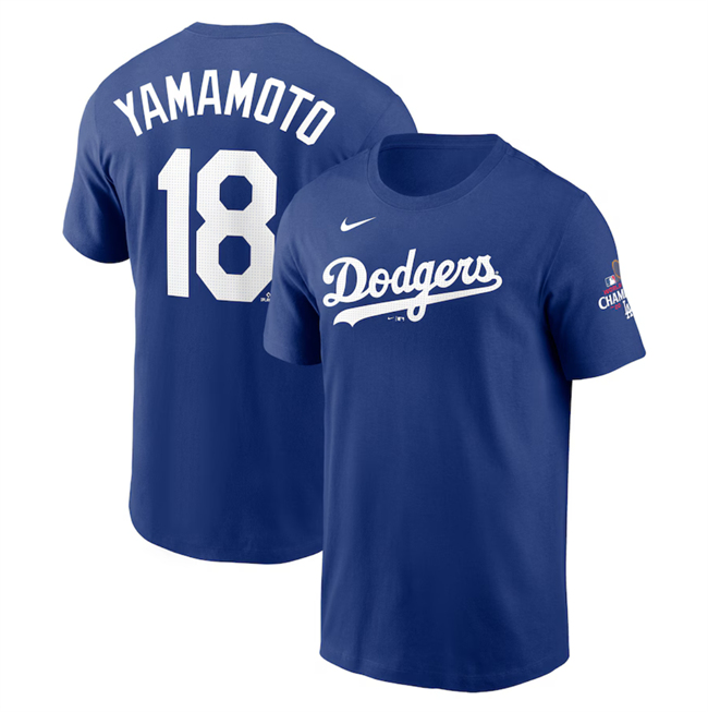 Men's Royal Los Angeles Dodgers #18 Yoshinobu Yamamoto 2024 World Series Champions Name & Number T-Shirt